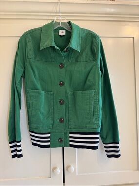 CAbi Emerald Green Cotton Bomber Jacket with Striped Rib Trim
